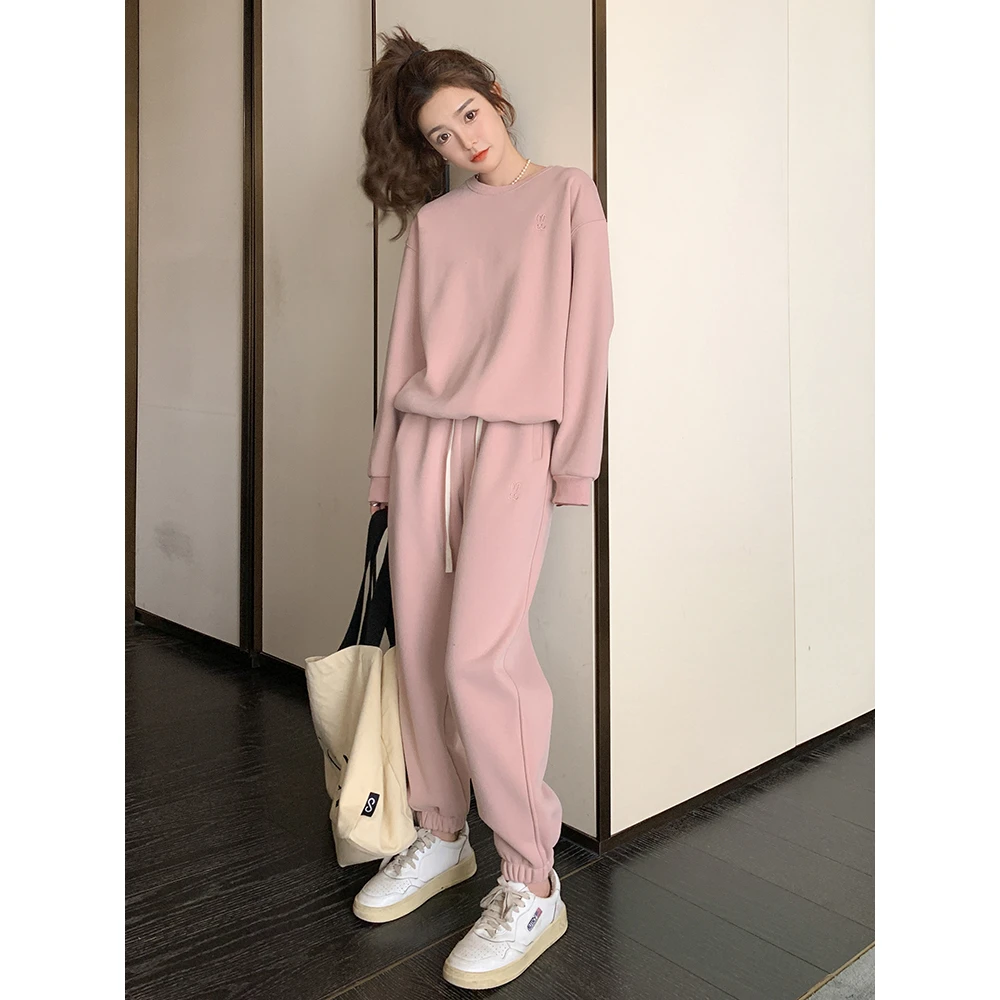 粉色卫衣套装女2024韩版新款时尚洋气休闲宽松慵懒风高级感两件套