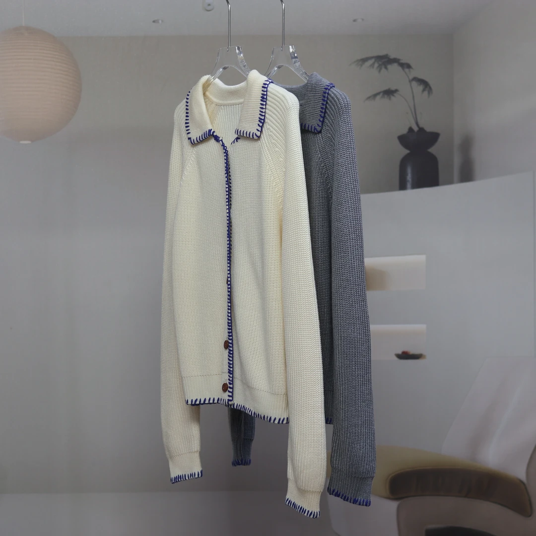 【7623】高品质原创设计两色时尚百搭翻领针织开衫即