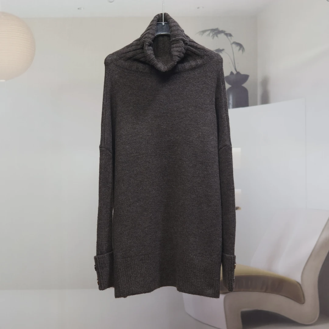 【8087】高品质原创设计深咖色时尚百搭大版高领针织衫即