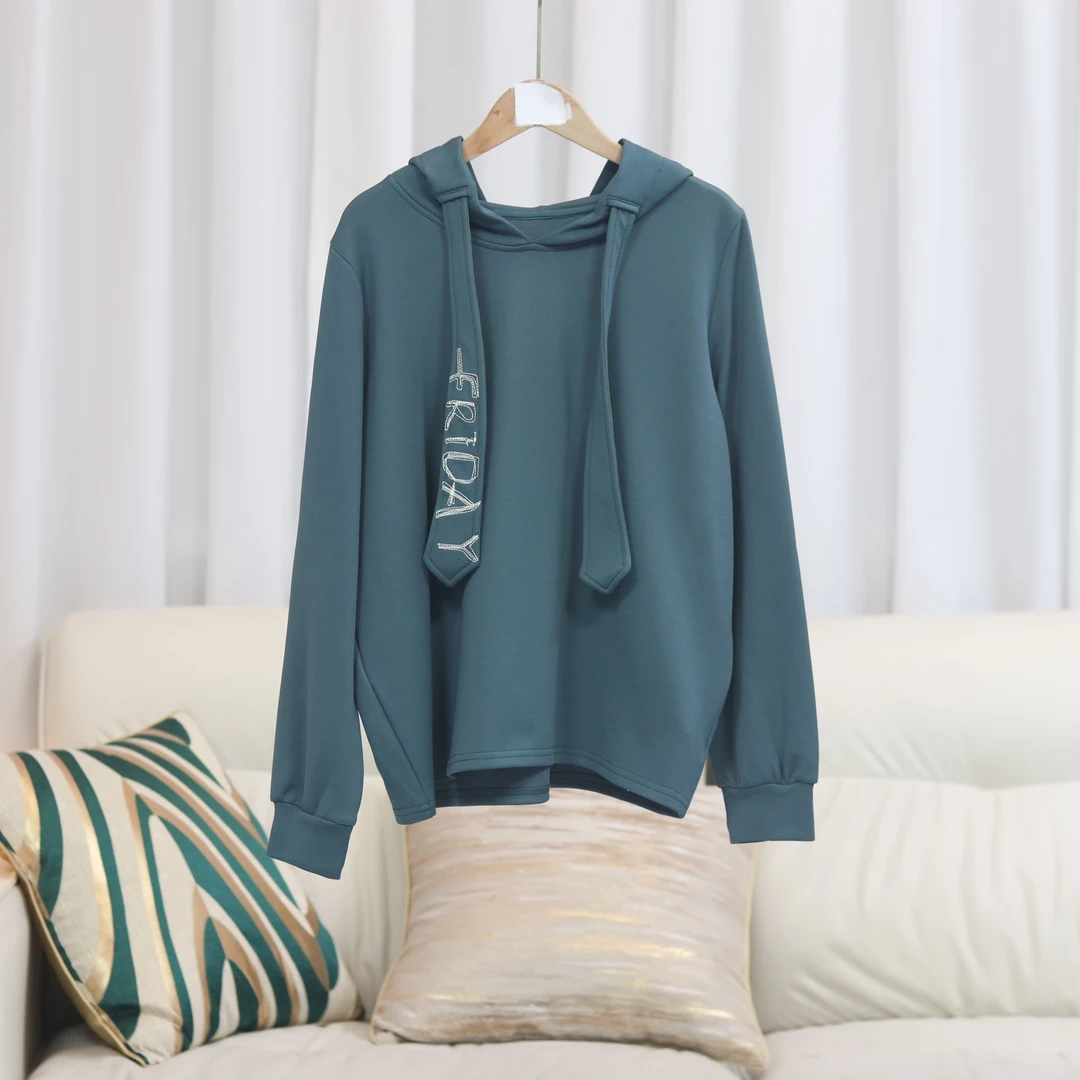 【4440】高品质原创设计孔雀蓝个性系带百搭连帽上衣
