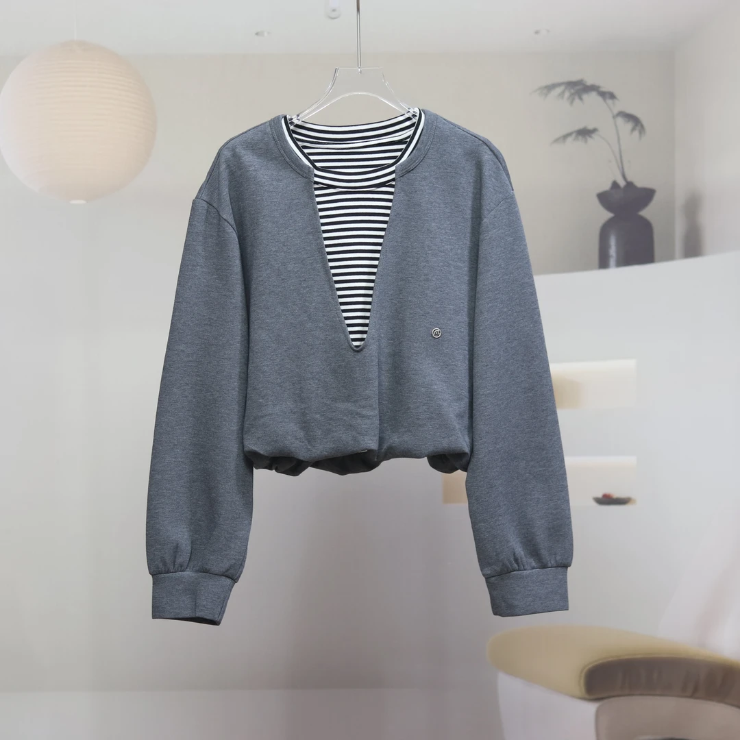 【7972】高品质原创设计深灰色时尚百搭假两件上衣予