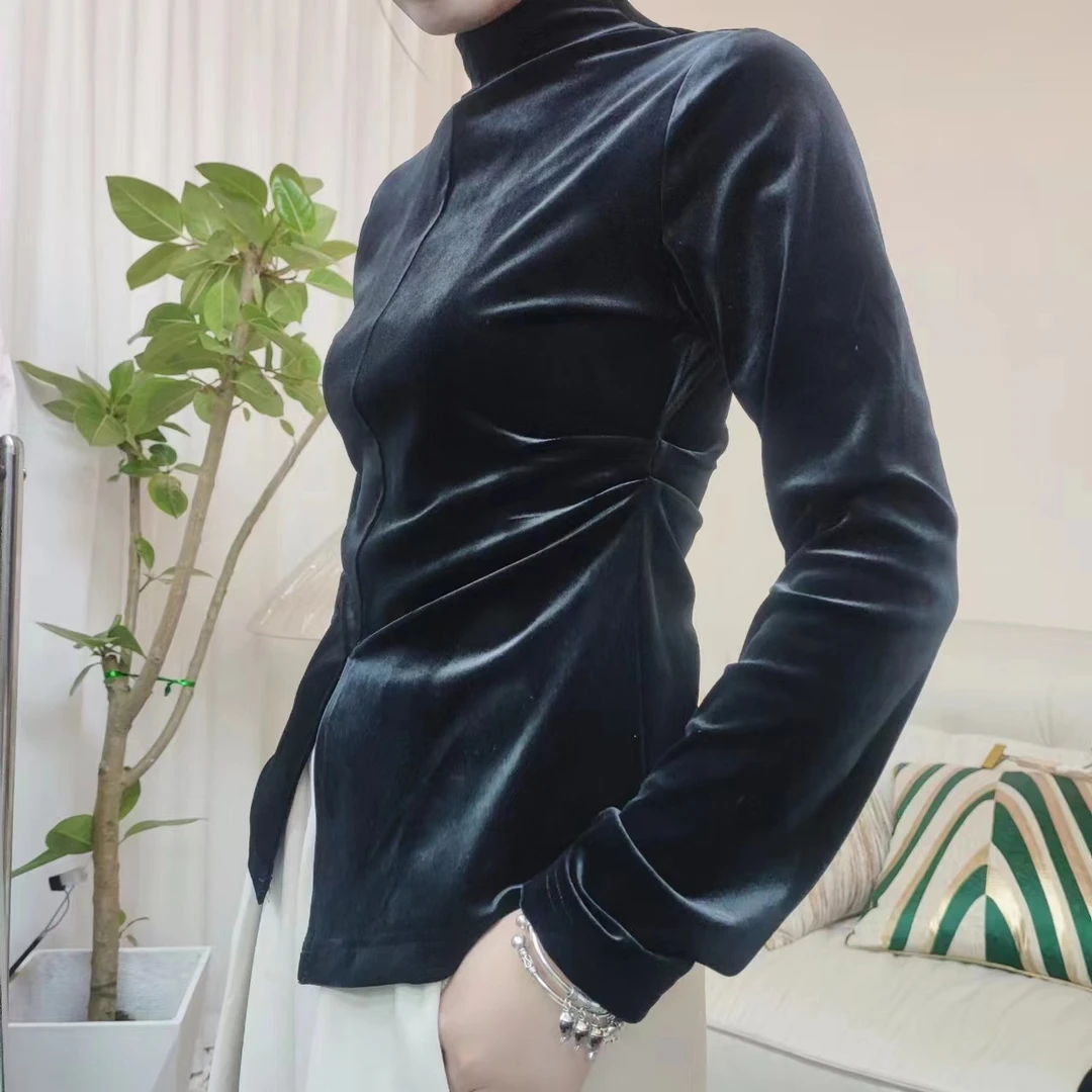 【4087】高品质原创设计下开叉黑色丝绒打底衫