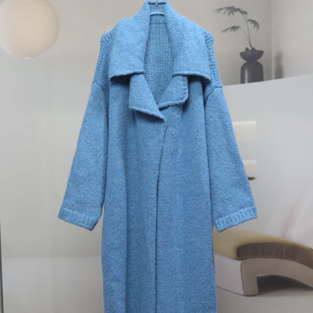 【7901】高品质原创设计湖蓝色百搭长款针织衫羽