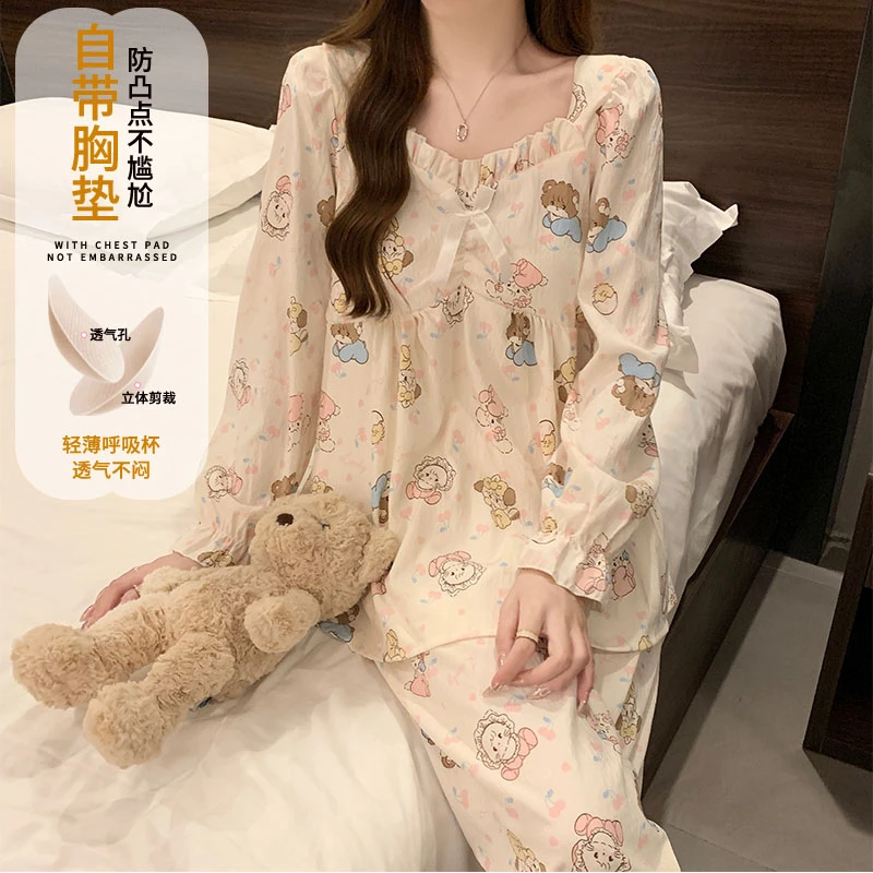 睡衣女春秋季梭织棉长袖软萌卡通款带胸垫一体可外穿家居服套装冬
