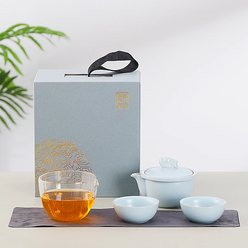 汝窑躺平兔旅行茶器带礼盒手抓壶复古陶瓷茶道简约带盖天青色手工