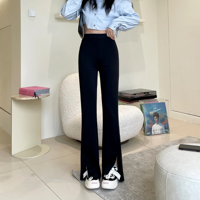 黑色开叉高弹力喇叭裤女2025春季新款高腰垂感修身显瘦微喇鲨鱼裤
