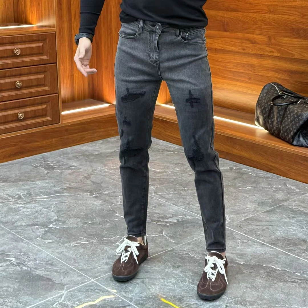 2024秋冬新款时尚休闲百搭渐变假破洞烟灰色男士牛仔裤Yc6197