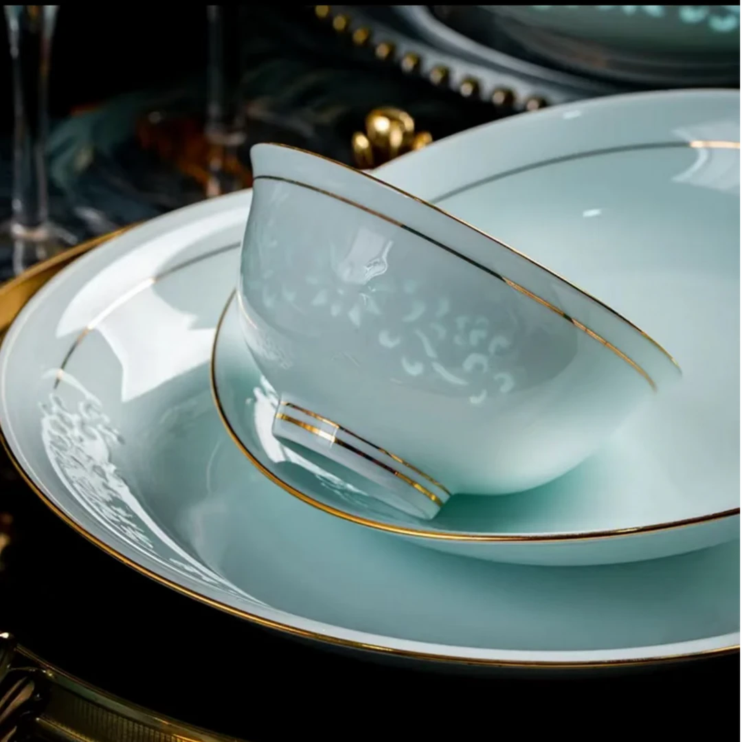 汉御鑫青瓷玲珑46头景德镇家用送礼乔迁高档轻奢松弛感餐具套装