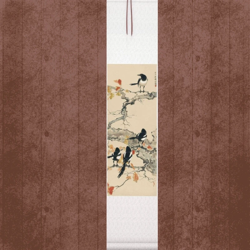 春日四喜鹊图艺术微喷宣纸复刻锦绫装裱玄关装饰画尺寸130-14厘米