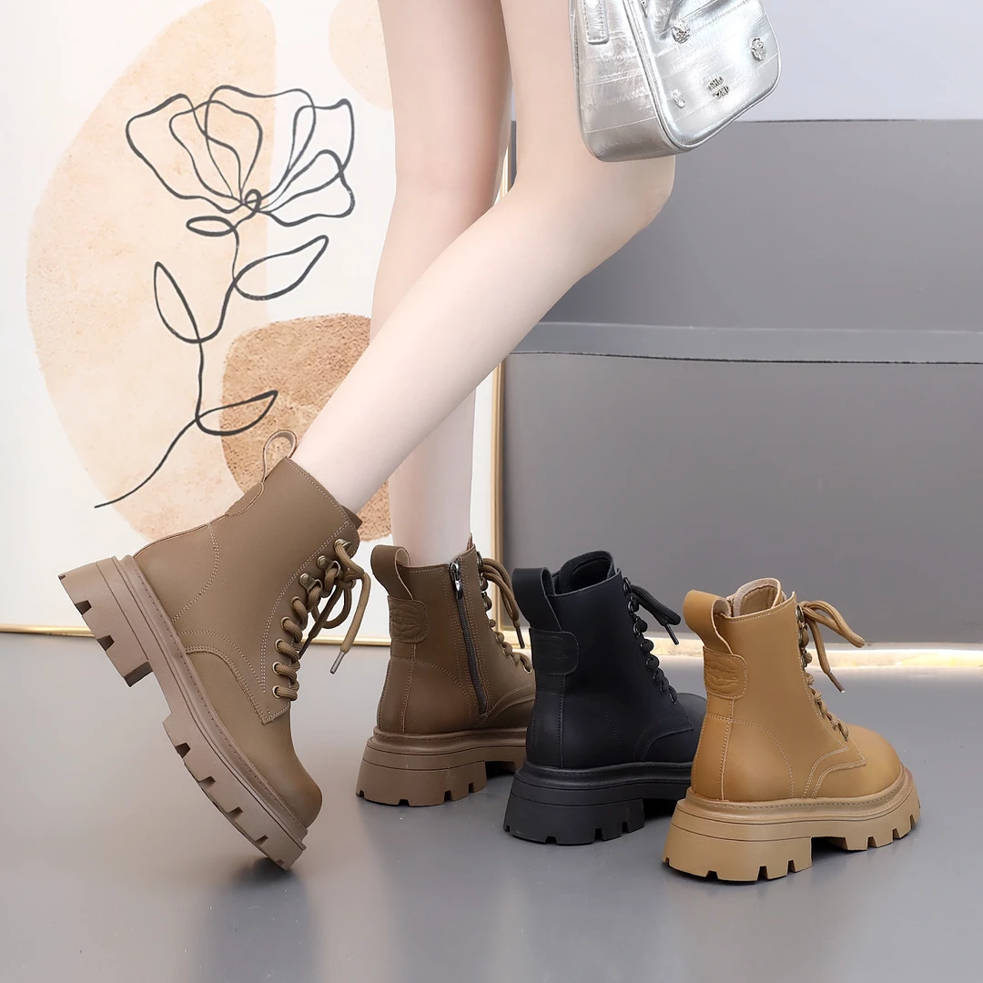 7710【拿破仑】马丁靴女2024新款英伦风百搭显瘦增高加绒厚底短靴