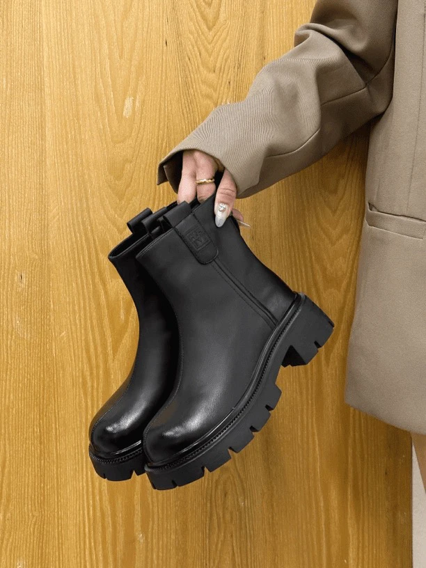 10-6【小耳朵】达思图厚底时尚圆头瘦瘦靴深口后拉链短靴英伦风