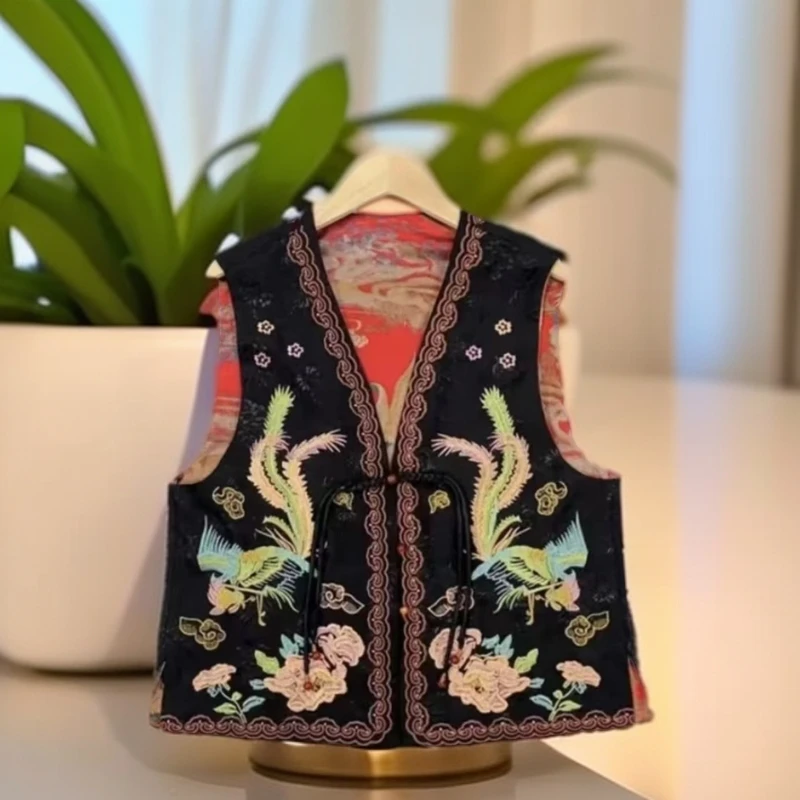 新中式国风早秋季新款双面双穿马甲女时尚复古刺绣民族风0080