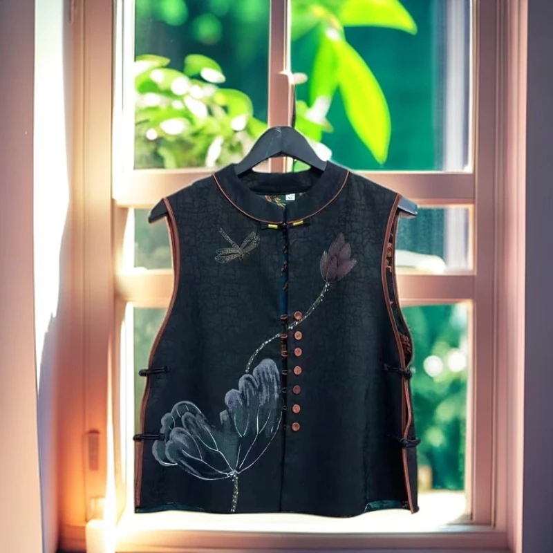 （蜻蜓荷花）新中式盘扣双面双穿马甲女士外套复古绘画荷叶马甲132