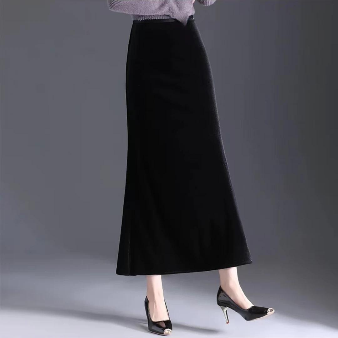 金丝绒半身裙新款秋冬款高腰显瘦遮胯鱼尾裙A字长裙到脚踝0075