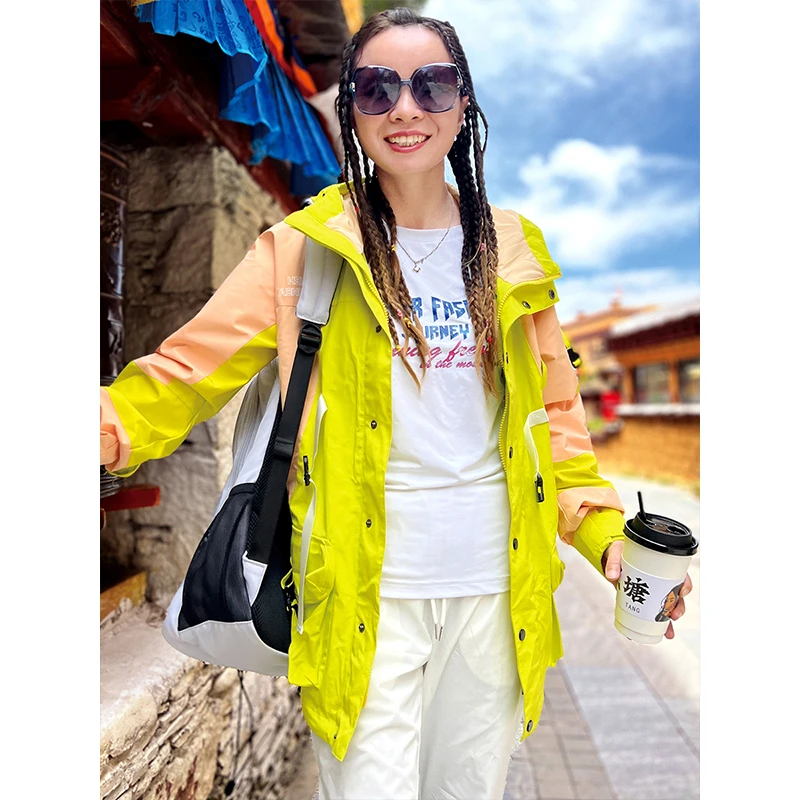 北京森林户外原创拼色徒步宽松柔软防水透气中长款登山外套女式