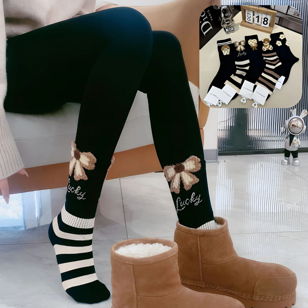 【韩版一体机】冬季棉袜刺绣立体羽毛纱长筒女袜加厚保暖潮袜不起球