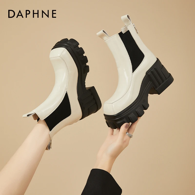 达芙妮切尔西靴女2023新款冬季加绒内增高厚底烟筒靴英伦风短靴女