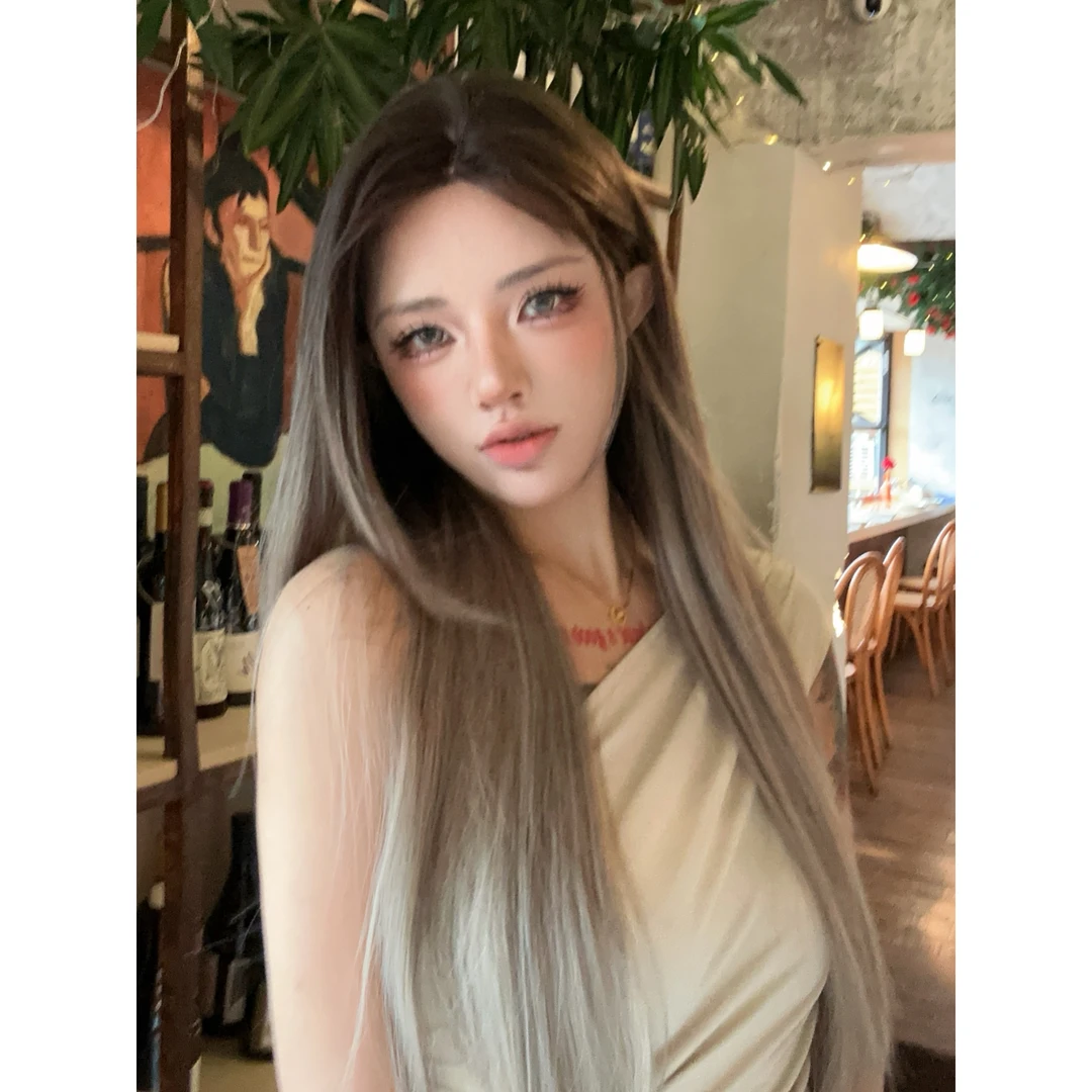 【渐变巧克力】假发女全头套一字蕾丝长直发亚裔辣妹挑染超辣预警
