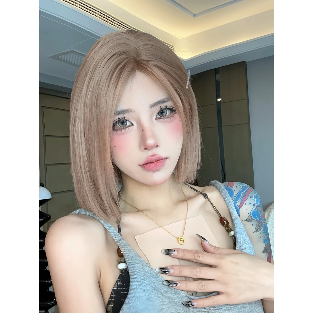 【黄油吐司】一字蕾丝假发女一刀切短发奶茶色时尚潮色全头套
