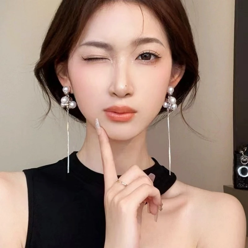 铜合金耳饰 【冷妆】设计师款长款珠珠耳环女耳线轻奢高级感耳坠