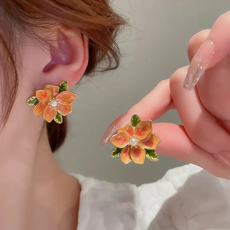 铜合金耳饰 【繁花】桔色复古油画风花朵耳环法式甜美耳钉个性耳饰