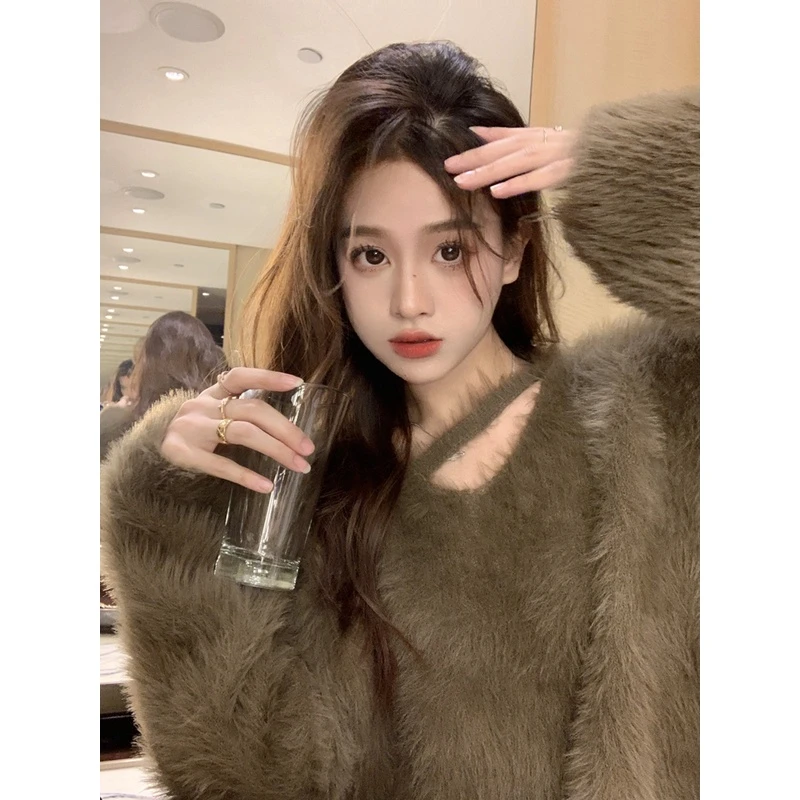 温柔风奶fufu水貂绒毛衣女秋冬季加厚小心机设计感v领针织衫上衣