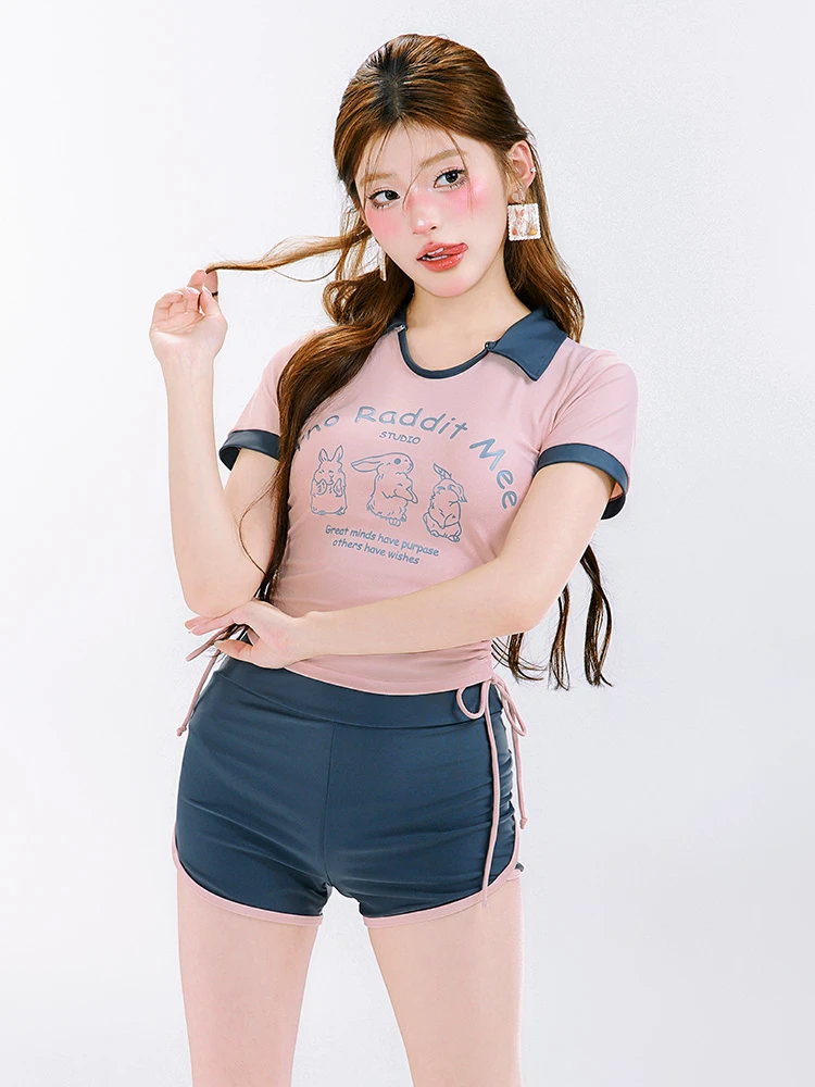 新款保守学生运动风分体平角裤游泳衣女遮肉显瘦小胸带胸垫泡温泉