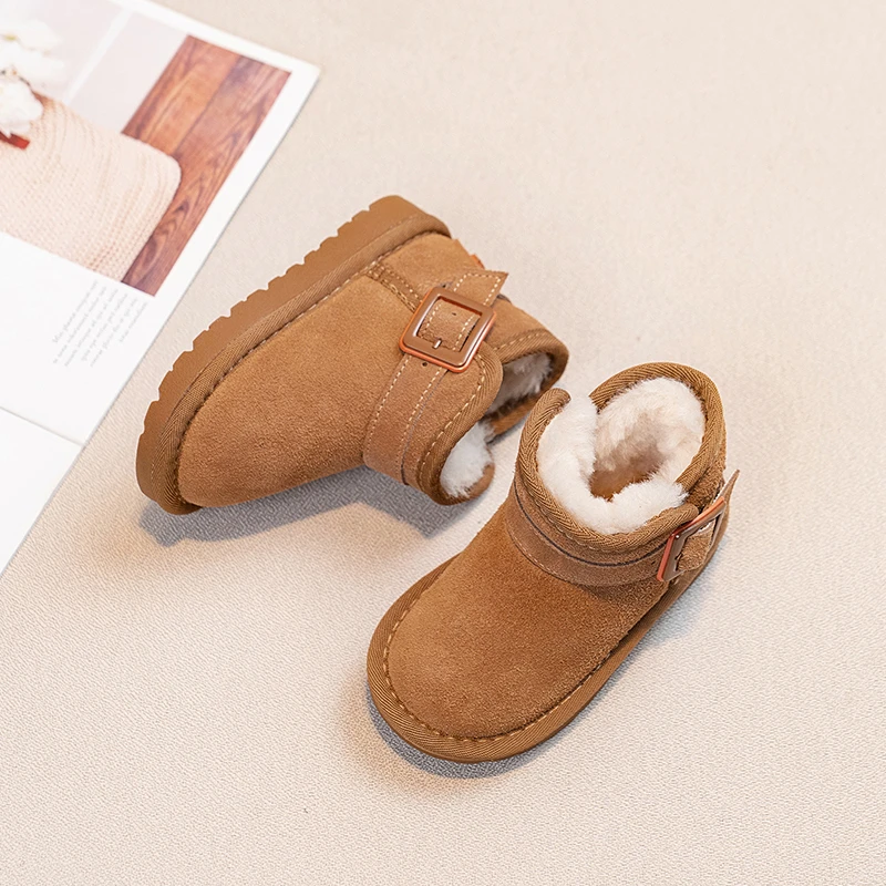 24真皮女童雪地靴保暖卡扣防水加绒靴保暖雪地防滑加绒加厚女童靴