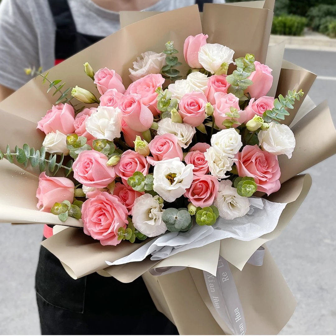 【温柔恬静】19朵粉玫瑰洋桔梗混搭鲜花花束生日礼物送对象朋友