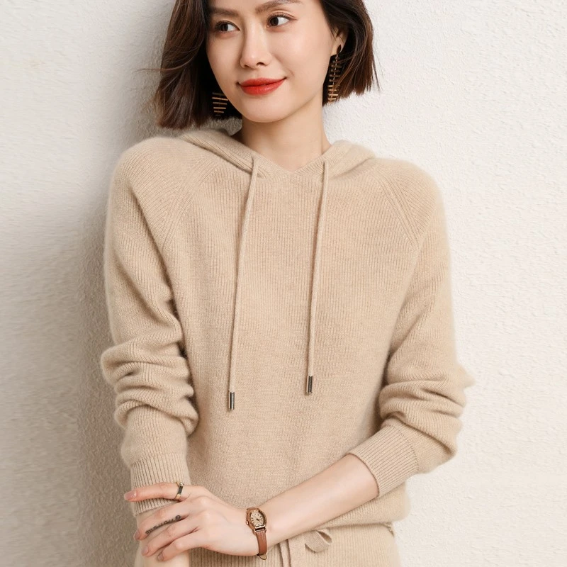 秋冬新款羊毛衫女连帽衫七针加厚卫衣纯色宽松百搭羊绒外穿毛衣厚