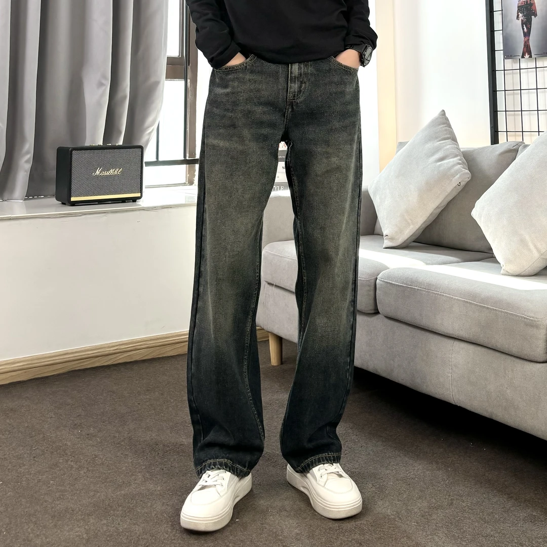新款潮流直筒阔腿高街宽松男士男生潮牌休闲美式潮流男士牛仔裤