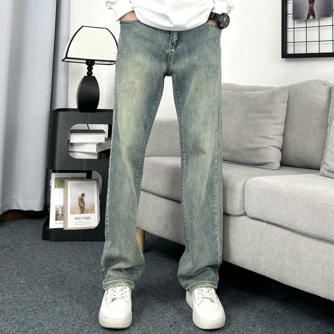 2025春夏新款弹力黄坭柒牛仔裤百搭宽松阔腿高街做旧休闲直筒男士