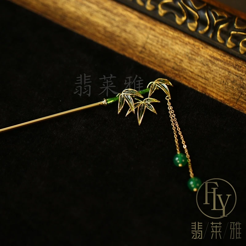 翡莱雅新中式古典珐琅气质高级感百搭日常盘发优雅竹子发簪-3940