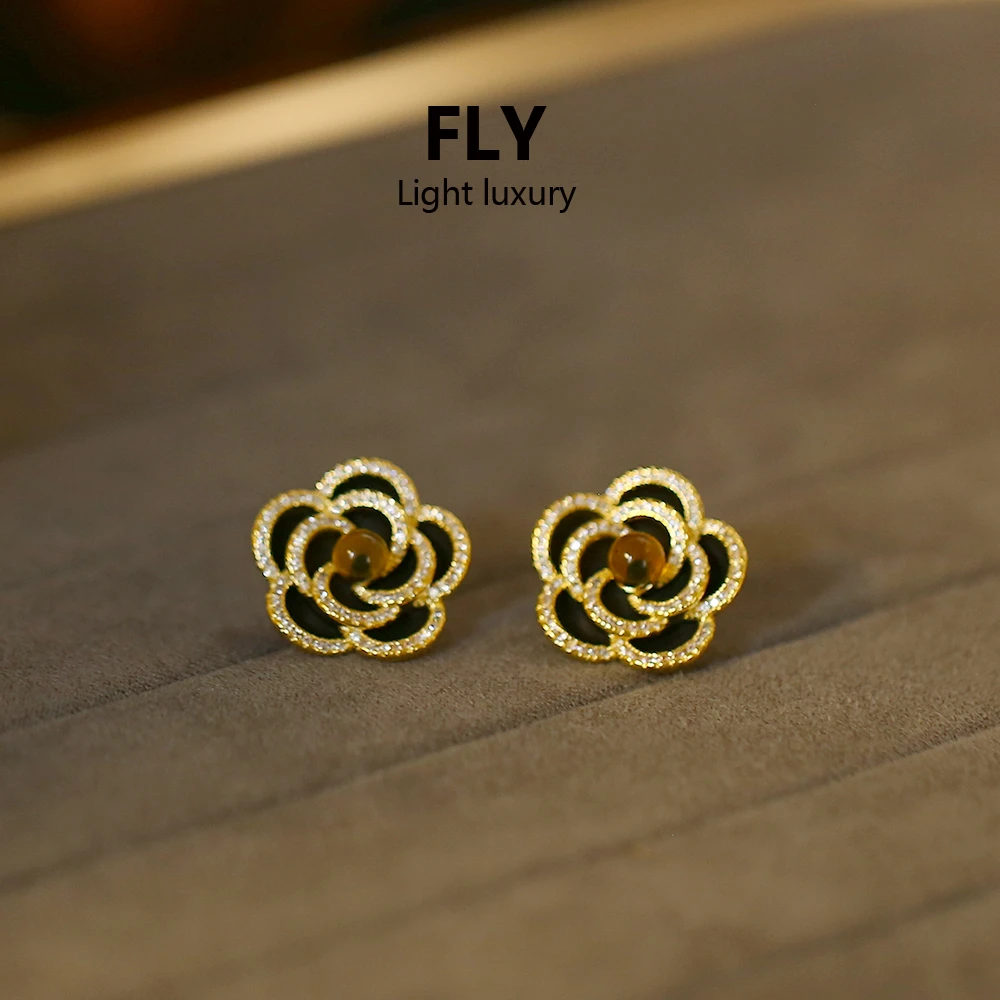铜合金合成锆石耳饰 英国设计师原创小香风山茶花微镶耳钉-9842