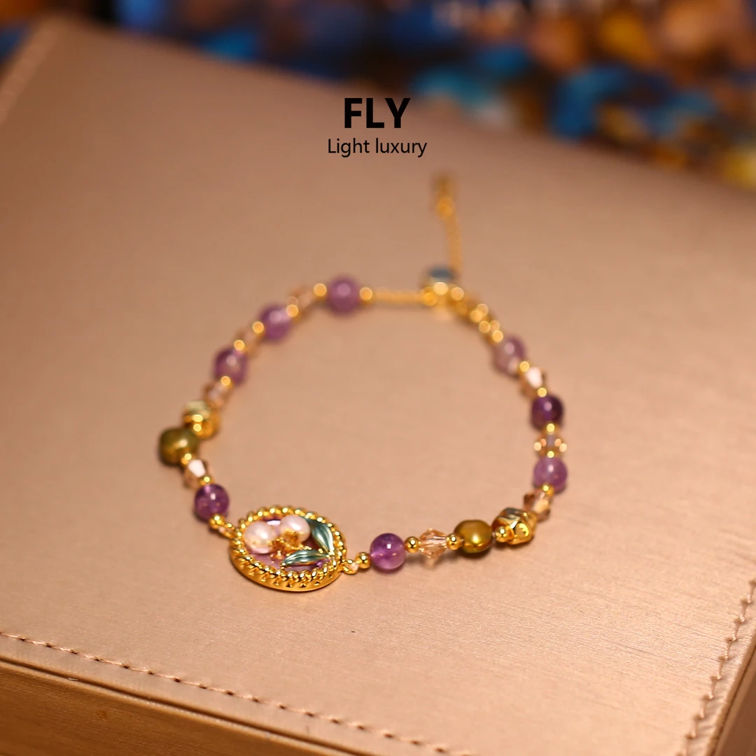 铜合金合成锆石手链 设计师款 多宝麻花边油画牌花朵手链-9574