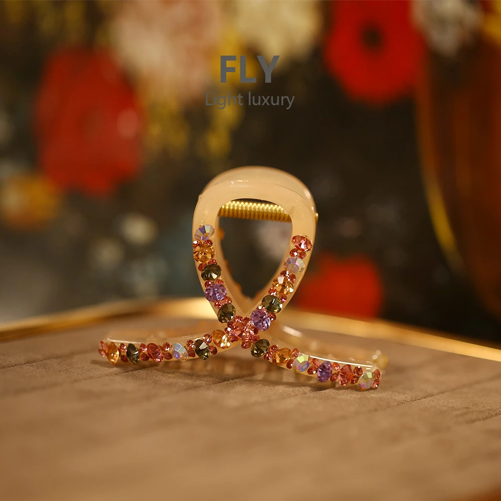 超闪粉色醋酸交叉夹子女后脑勺发抓气质鲨鱼发夹精致抓夹-9790