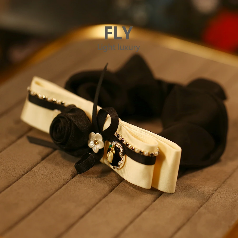 原创设计师款小香黑色玫瑰公主缎面精致大肠褶皱发绳发圈-9782