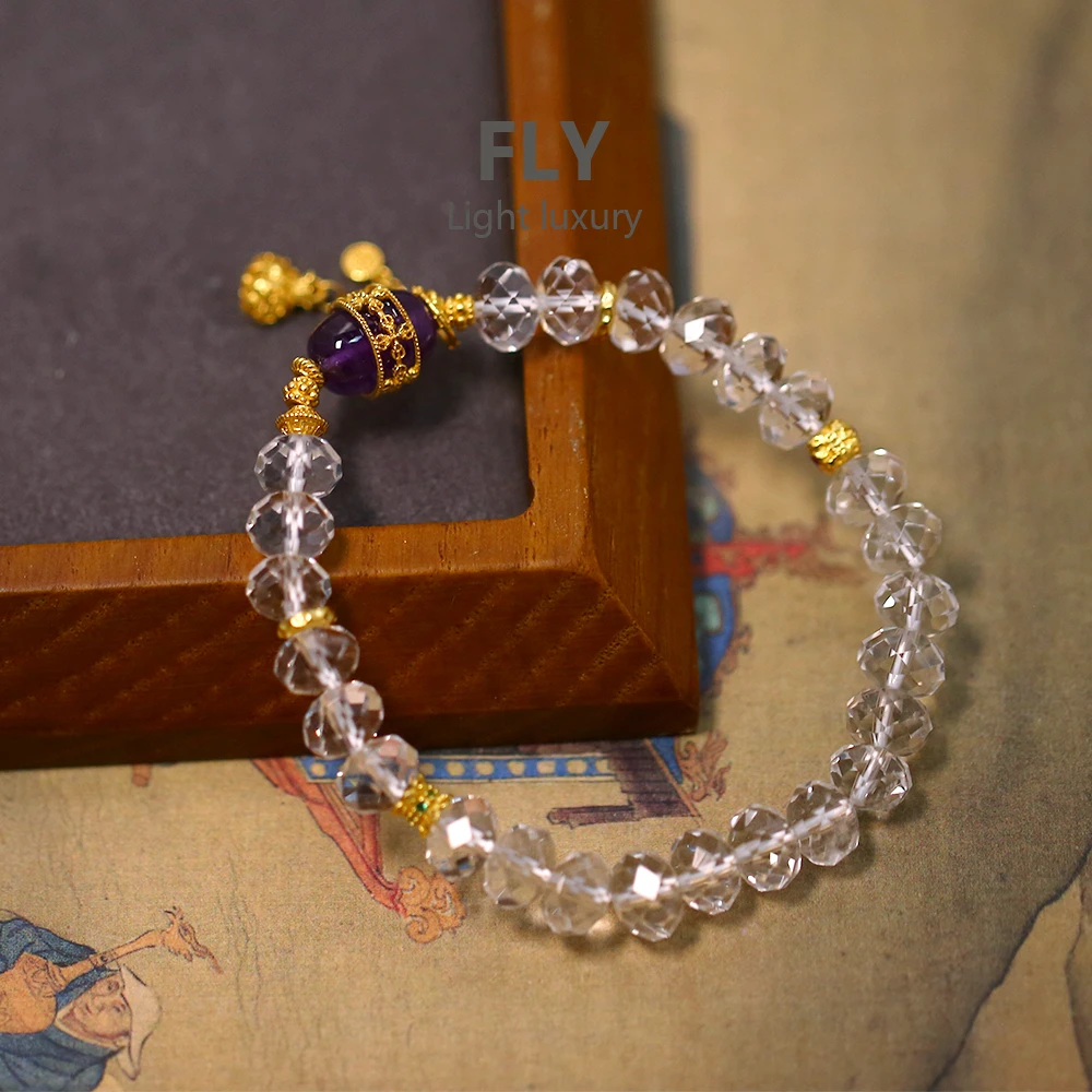 925银手链 透明切面椭圆珠紫色镶嵌花丝珠单圈 手串 手链-9905