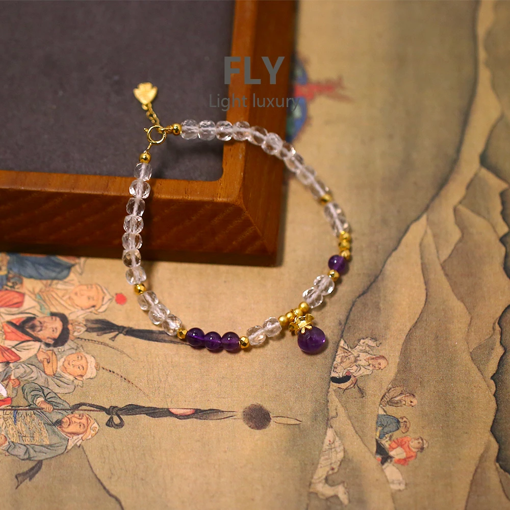 925银手链 透明切面撞色方珠紫色小钱袋子单圈 手串 手链-9906