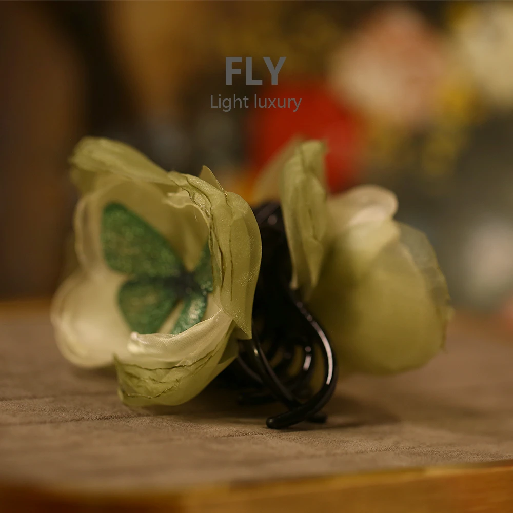 超仙欧根纱墨绿色花朵气质简约高级感 半扎发夹 精致抓夹-9819