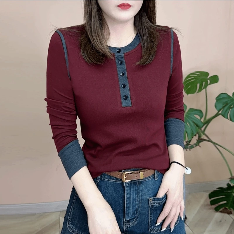 2024秋季新品时尚百搭气质休闲显瘦长袖圆领打底衫女士上衣