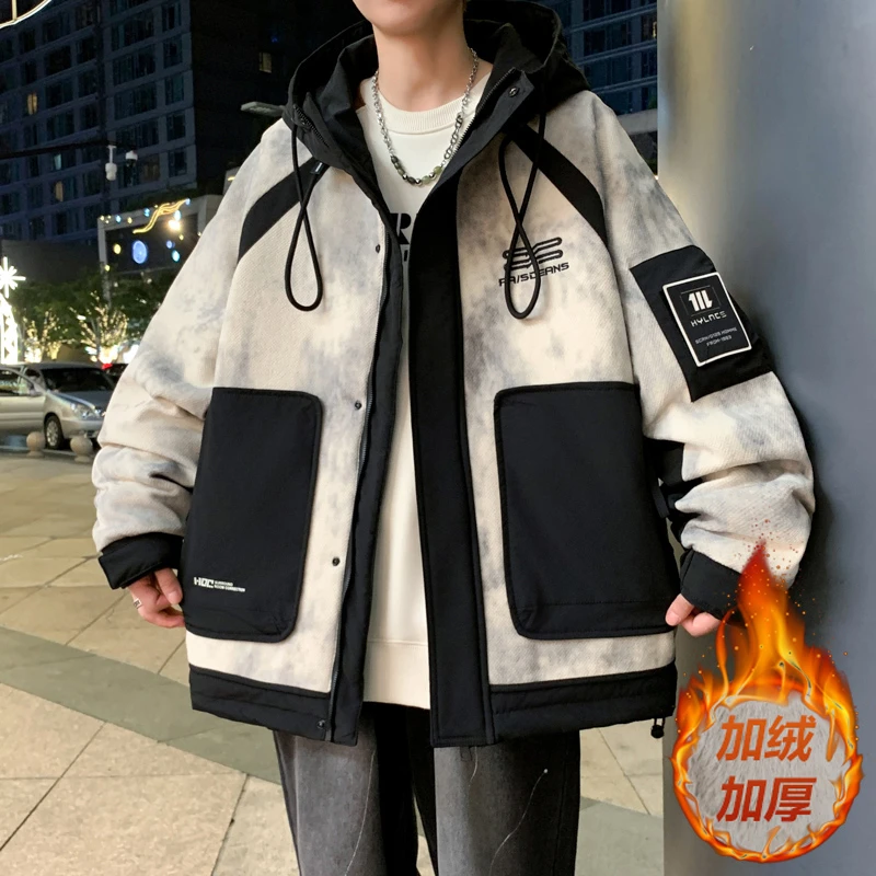 冬新款美式脏脏灰加绒加厚夹克外套青少年初中高中生外套