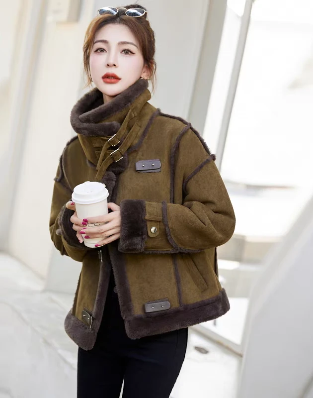 皮毛一体羊羔绒外套2024年秋冬新款美拉德鹿皮绒机车服加厚夹克