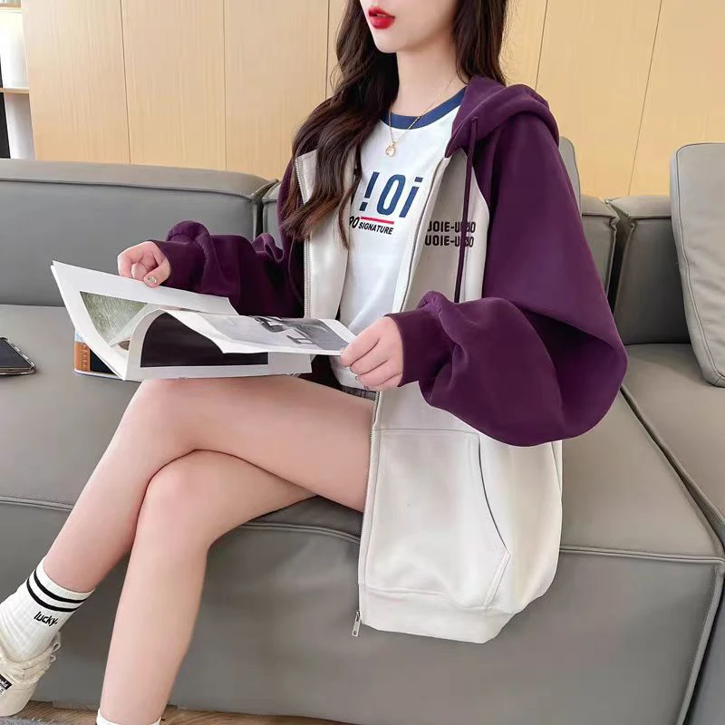 银狐绒加厚秋冬大版连帽女式冬季韩版加绒宽松开衫外套