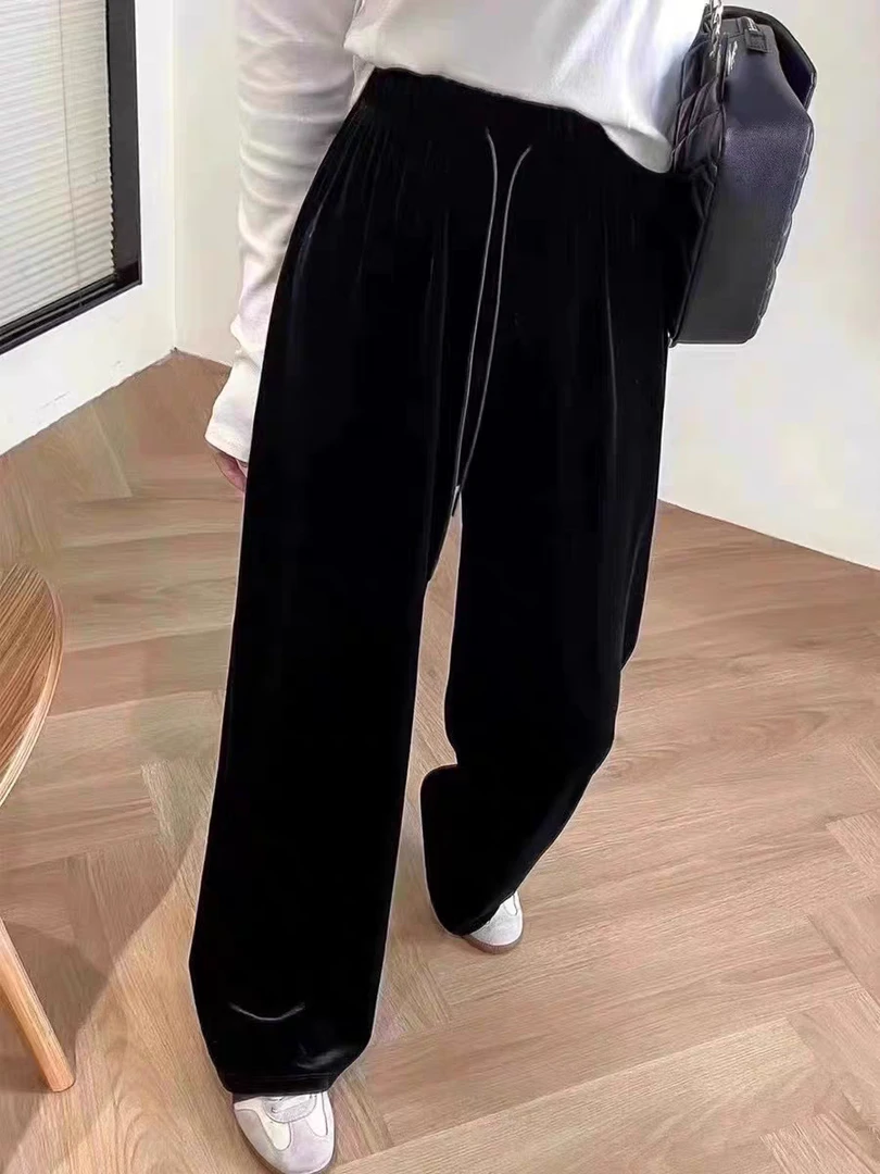 黑色金丝绒阔腿高腰宽松休闲拖地直筒垂感秋冬加绒裤子