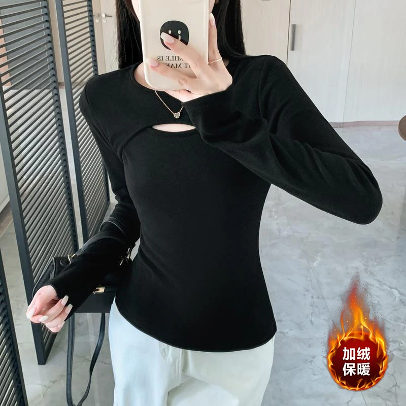 春季新款磨毛大码胖mm显瘦正肩内搭高级感遮肚正肩镂空长袖打底衫