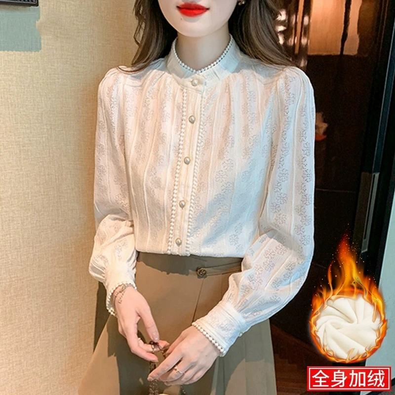 157#半高领蕾丝打底衫女秋冬季新款气质显瘦女士衬衣洋气小衫加绒