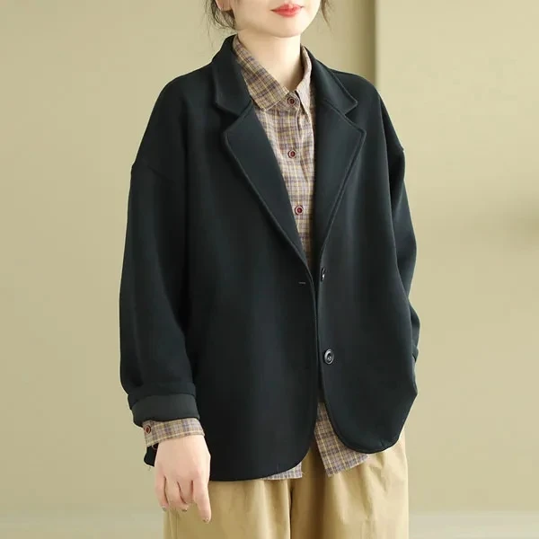 2024新品纯色简约时尚针织弹力棉通勤百搭宽松长袖休闲西装外套女