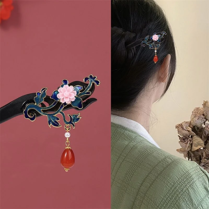 古风发簪步摇流苏景泰蓝新中式钗仿黑檀木盘发汉服配饰古装头饰品