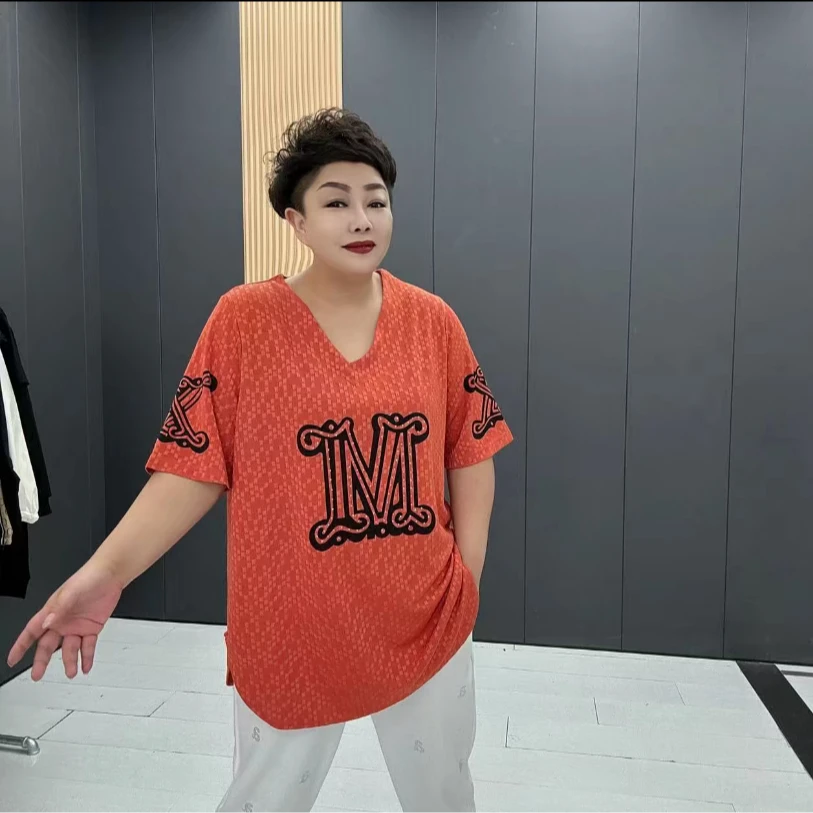 春夏新款时尚短袖T恤上衣宽松遮肉字母半袖T恤百搭休闲大码女装潮
